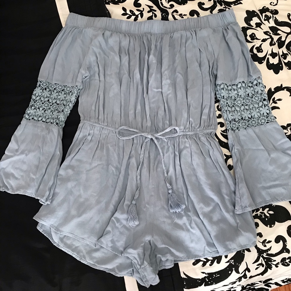 SOLD❕Blue Off-Shoulder Bell Sleeve Romper